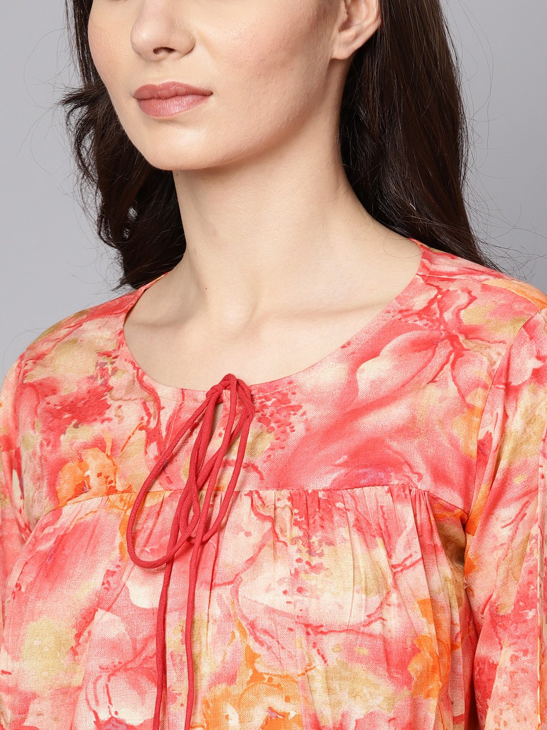 Red & Beige Top With Keyhole Neckline & 3/4 Sleeves | LASVINI - Redefining Indian Fashion with Elegance