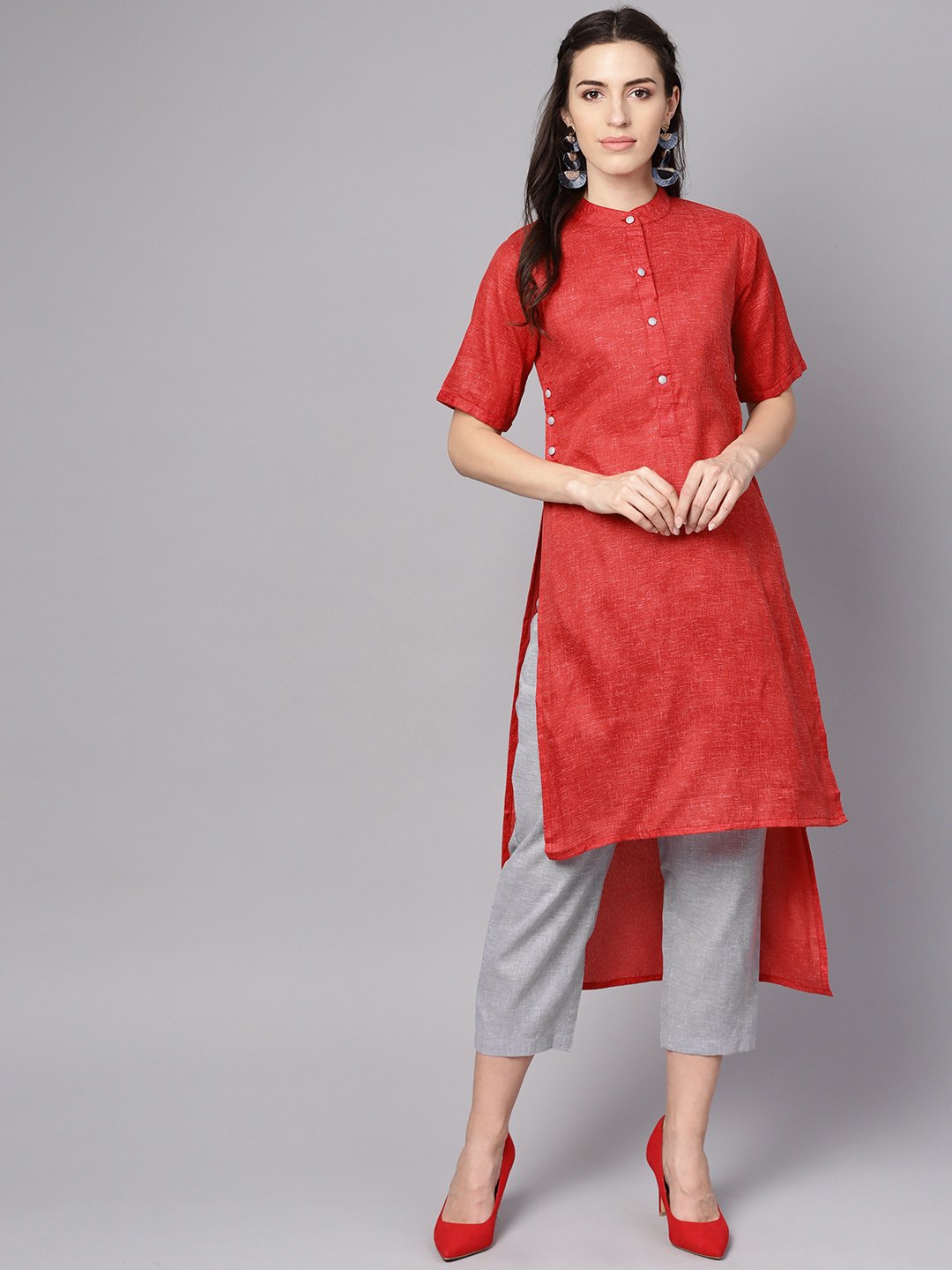 Red High-Low Short Sleeve Kurta Set With Solid Grey Pants | LASVINI - Redefining Indian Fashion with Elegance