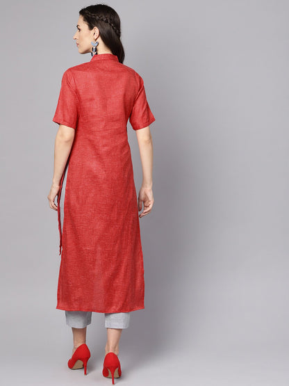 Red High-Low Short Sleeve Kurta Set With Solid Grey Pants | LASVINI - Redefining Indian Fashion with Elegance