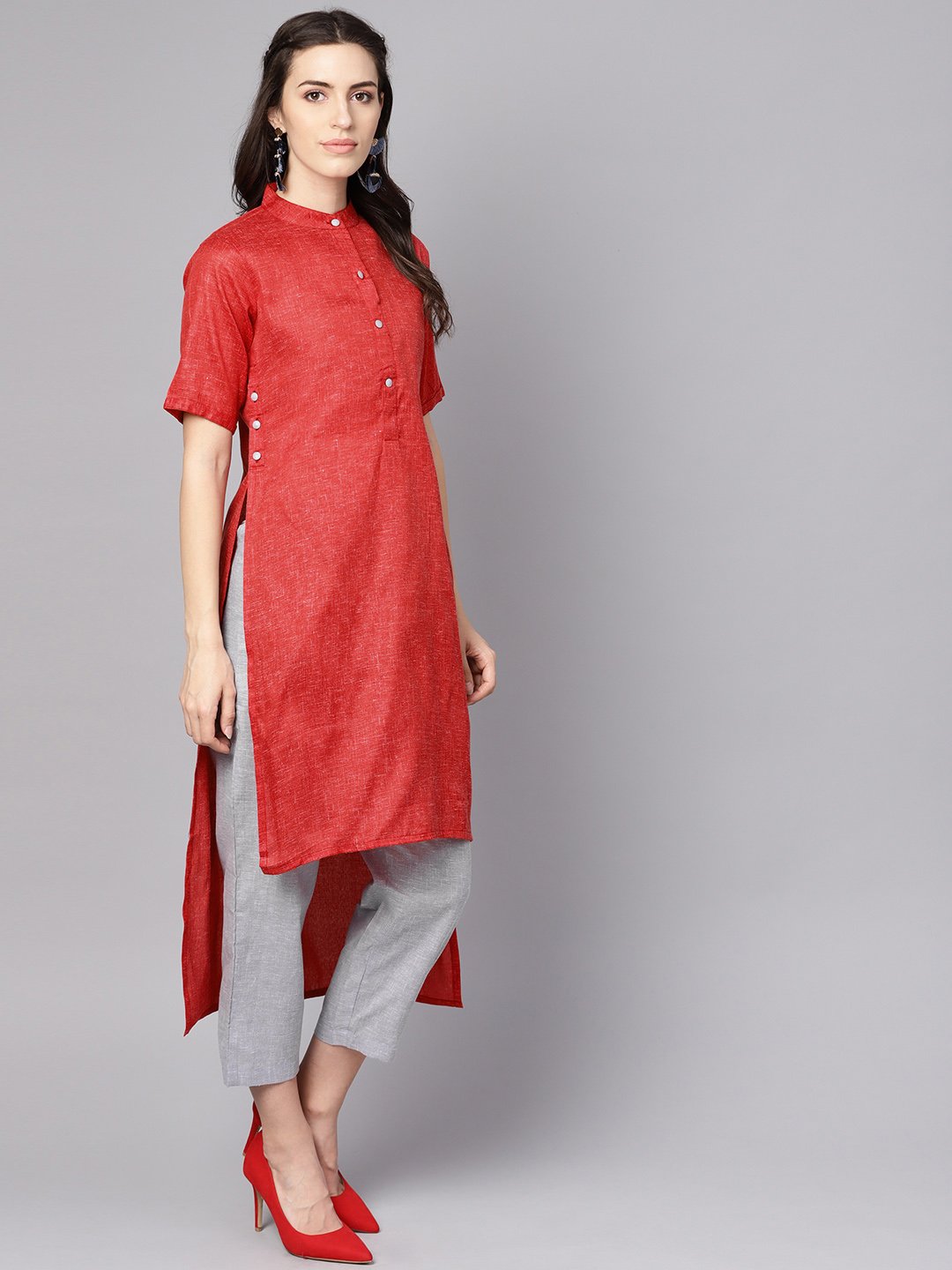 Red High-Low Short Sleeve Kurta Set With Solid Grey Pants | LASVINI - Redefining Indian Fashion with Elegance