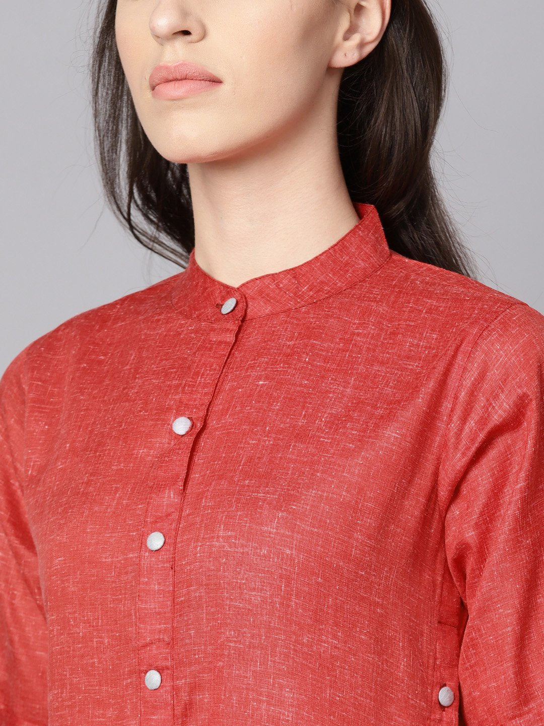 Red High-Low Short Sleeve Kurta Set With Solid Grey Pants | LASVINI - Redefining Indian Fashion with Elegance