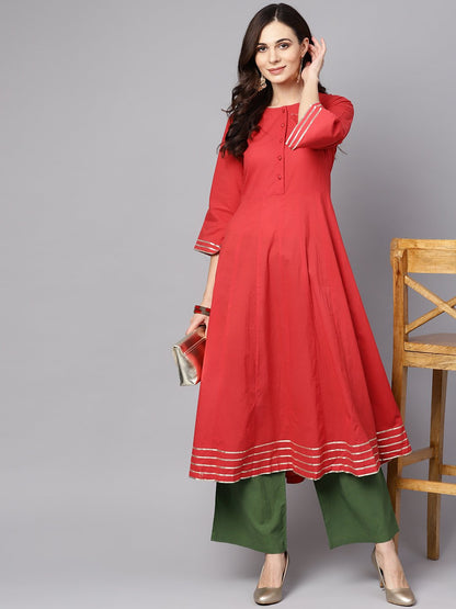 Coral Pink 3/4Th Sleeve A-Line Cotton Kurta With Palazzo | LASVINI - Redefining Indian Fashion with Elegance