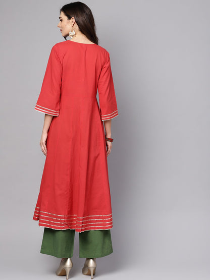 Coral Pink 3/4Th Sleeve A-Line Cotton Kurta With Palazzo | LASVINI - Redefining Indian Fashion with Elegance