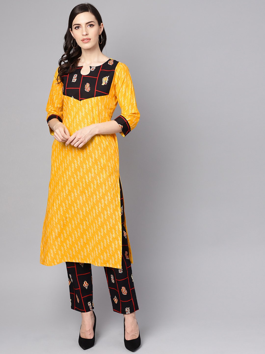 Yellow 3/4Th Sleeve Cotton Kurta With Navy Blue Ankle Length Palazzo | LASVINI - Redefining Indian Fashion with Elegance