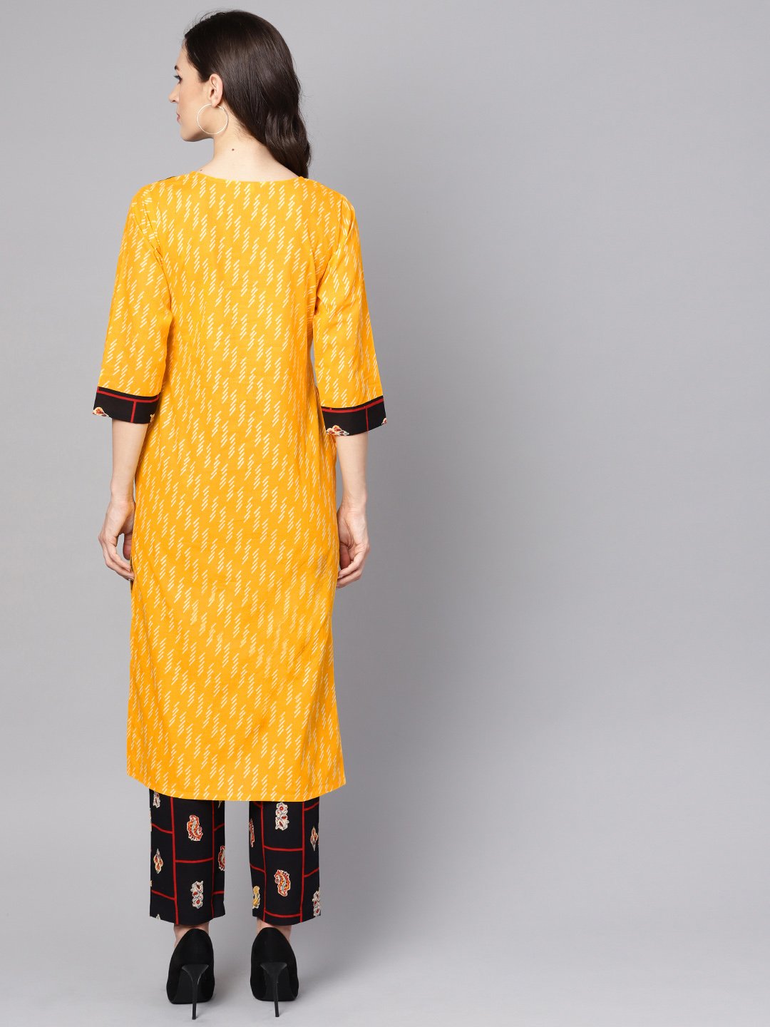Yellow 3/4Th Sleeve Cotton Kurta With Navy Blue Ankle Length Palazzo | LASVINI - Redefining Indian Fashion with Elegance