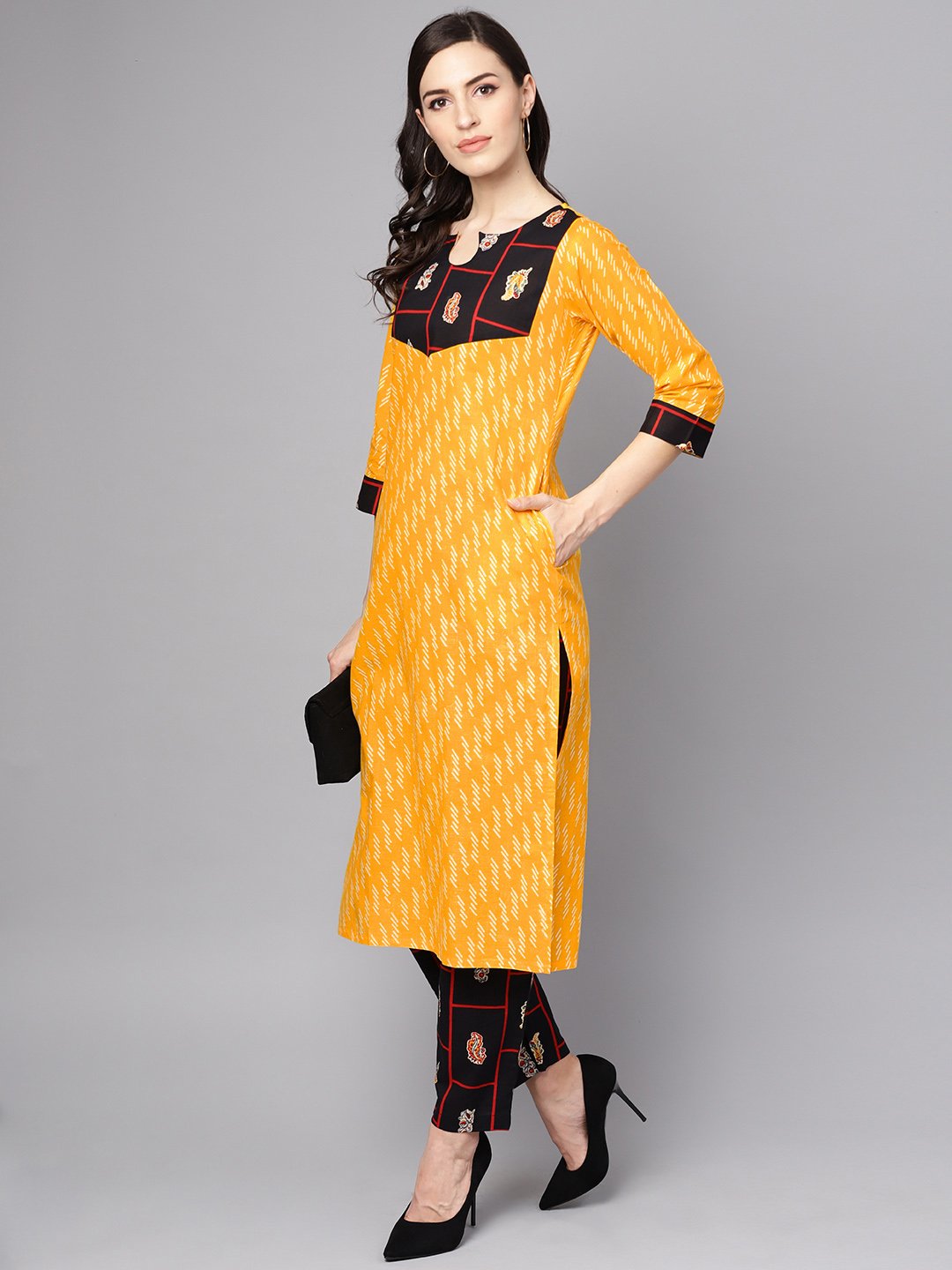 Yellow 3/4Th Sleeve Cotton Kurta With Navy Blue Ankle Length Palazzo | LASVINI - Redefining Indian Fashion with Elegance