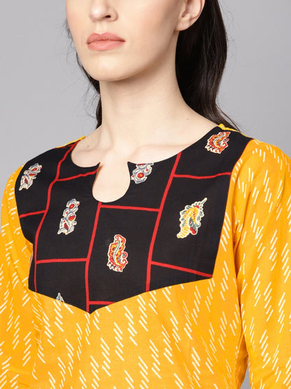 Yellow 3/4Th Sleeve Cotton Kurta With Navy Blue Ankle Length Palazzo | LASVINI - Redefining Indian Fashion with Elegance