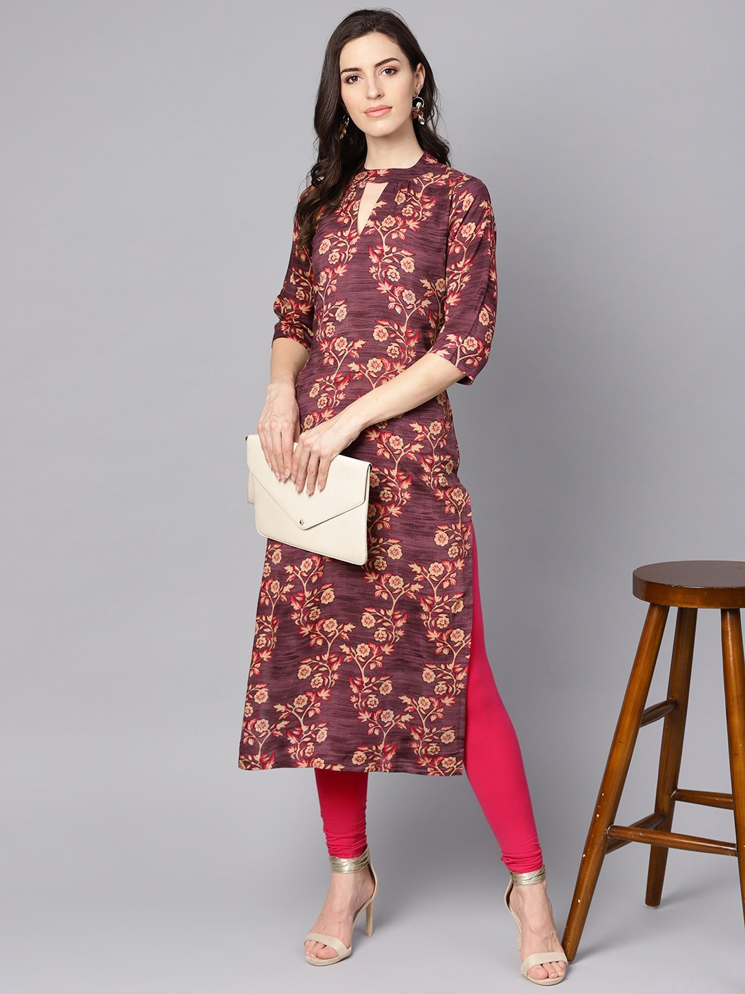 Purple & Beige Floral Printed Straight Kurta With 3/4 Sleeves | LASVINI - Redefining Indian Fashion with Elegance