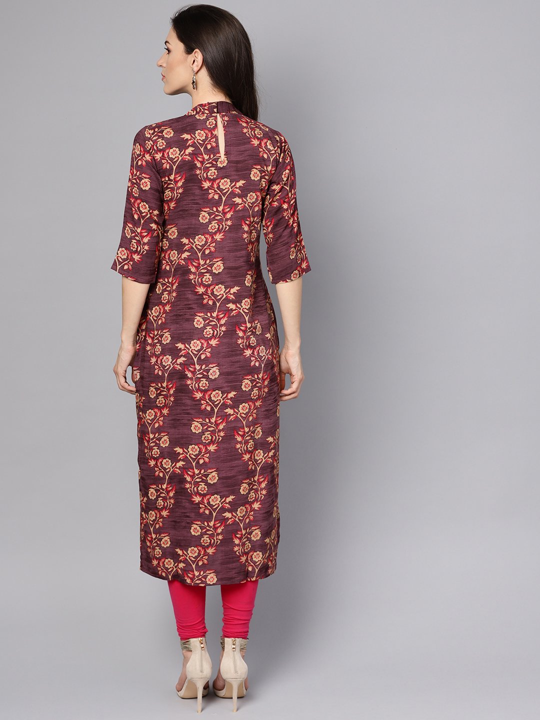 Purple & Beige Floral Printed Straight Kurta With 3/4 Sleeves | LASVINI - Redefining Indian Fashion with Elegance