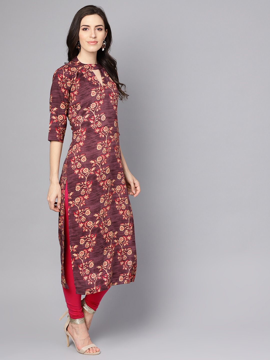 Purple & Beige Floral Printed Straight Kurta With 3/4 Sleeves | LASVINI - Redefining Indian Fashion with Elegance