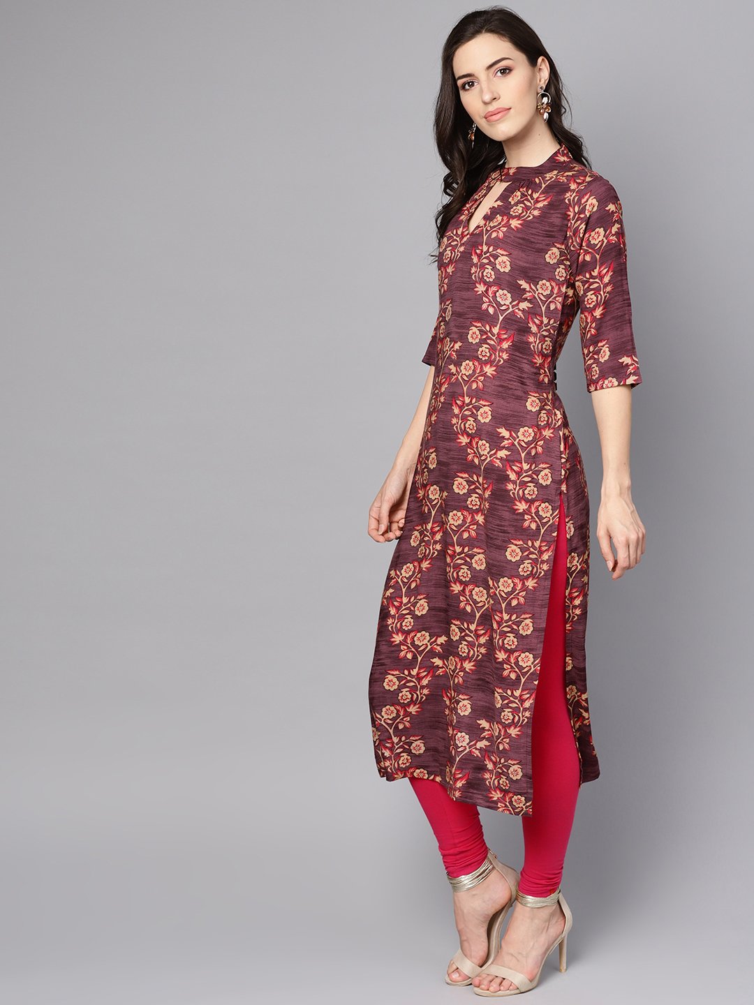 Purple & Beige Floral Printed Straight Kurta With 3/4 Sleeves | LASVINI - Redefining Indian Fashion with Elegance