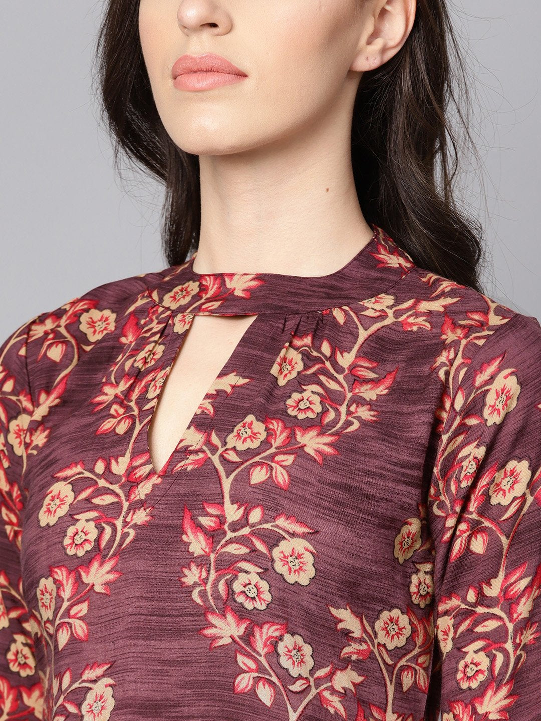 Purple & Beige Floral Printed Straight Kurta With 3/4 Sleeves | LASVINI - Redefining Indian Fashion with Elegance