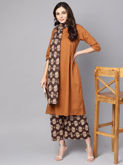 Solid Mustard Kurta Set With Chocolate Brown Printed Palazzo & Dupatta | LASVINI - Redefining Indian Fashion with Elegance