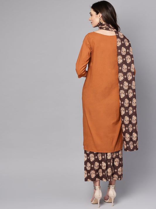 Solid Mustard Kurta Set With Chocolate Brown Printed Palazzo & Dupatta | LASVINI - Redefining Indian Fashion with Elegance