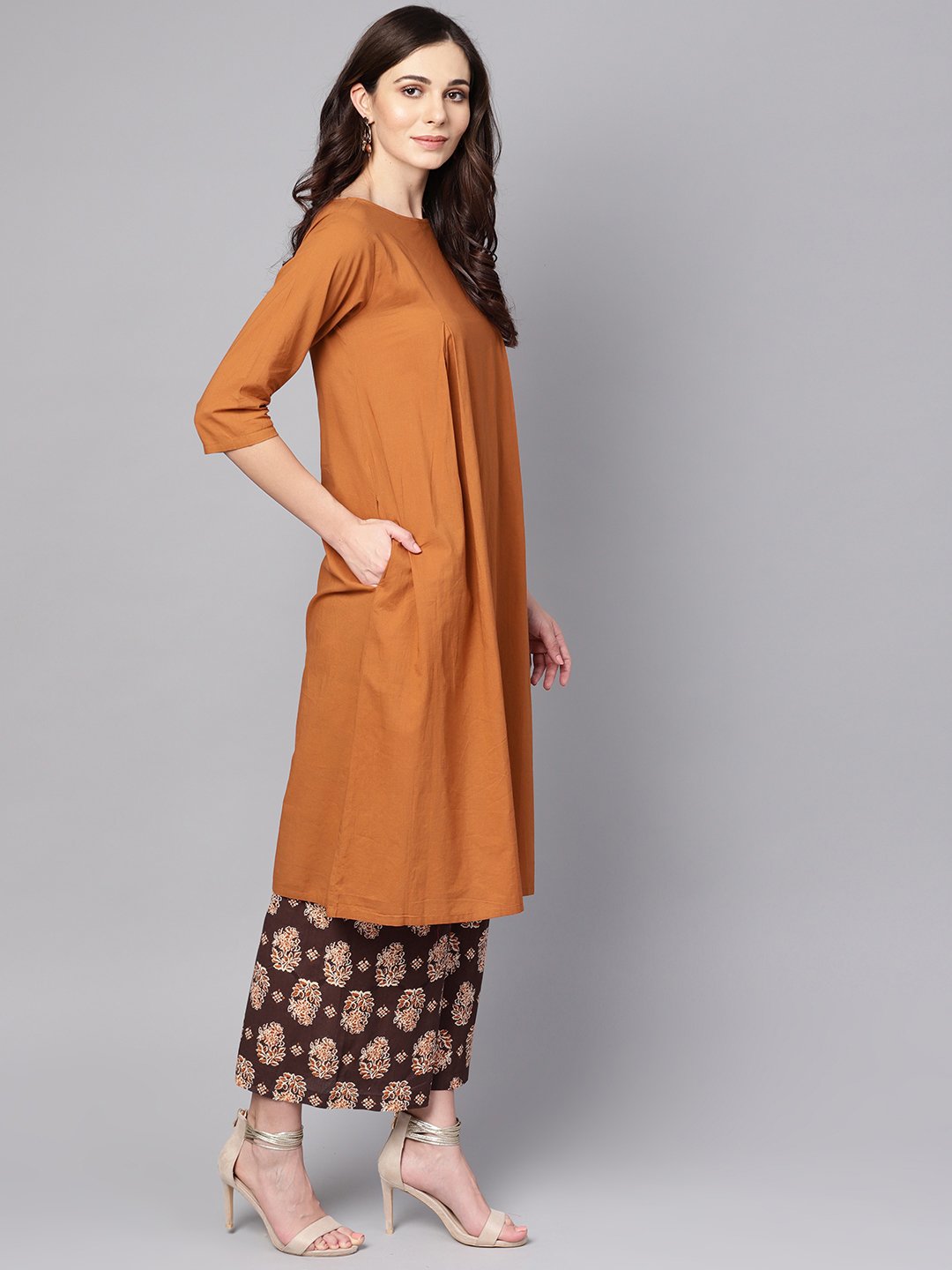 Solid Mustard Kurta Set With Chocolate Brown Printed Palazzo & Dupatta | LASVINI - Redefining Indian Fashion with Elegance