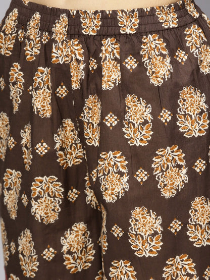 Solid Mustard Kurta Set With Chocolate Brown Printed Palazzo & Dupatta | LASVINI - Redefining Indian Fashion with Elegance