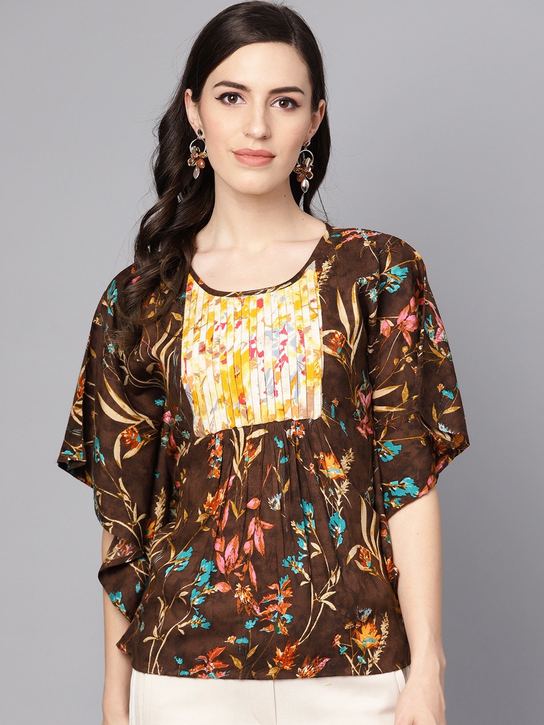 Chocolate Brown Multi Colored  Kaftaan Top With Pleated Yoke | LASVINI - Redefining Indian Fashion with Elegance