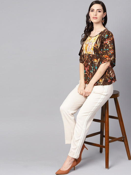 Chocolate Brown Multi Colored  Kaftaan Top With Pleated Yoke | LASVINI - Redefining Indian Fashion with Elegance