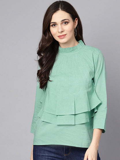 Pine Green Top Detailed With Pleats & Ruffled Neck | LASVINI - Redefining Indian Fashion with Elegance
