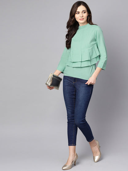 Pine Green Top Detailed With Pleats & Ruffled Neck | LASVINI - Redefining Indian Fashion with Elegance