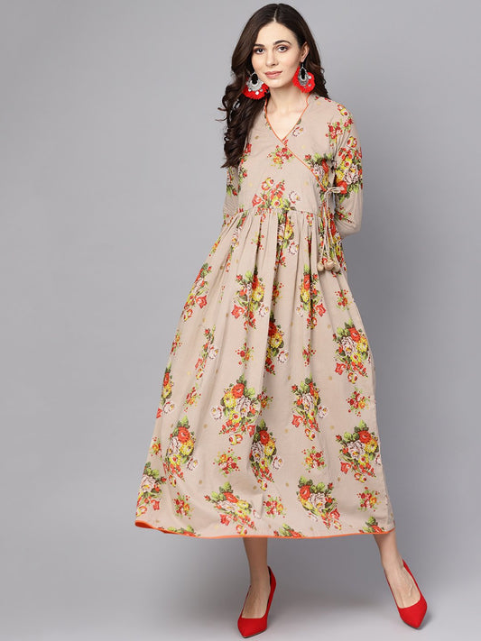 Beige Multi Colored Angrakha Style Maxi Dress Emblished With Tassels | LASVINI - Redefining Indian Fashion with Elegance