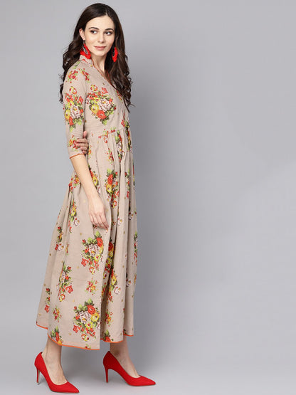 Beige Multi Colored Angrakha Style Maxi Dress Emblished With Tassels | LASVINI - Redefining Indian Fashion with Elegance