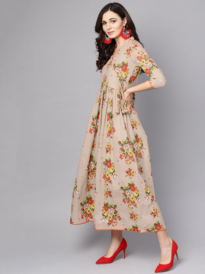 Beige Multi Colored Angrakha Style Maxi Dress Emblished With Tassels | LASVINI - Redefining Indian Fashion with Elegance