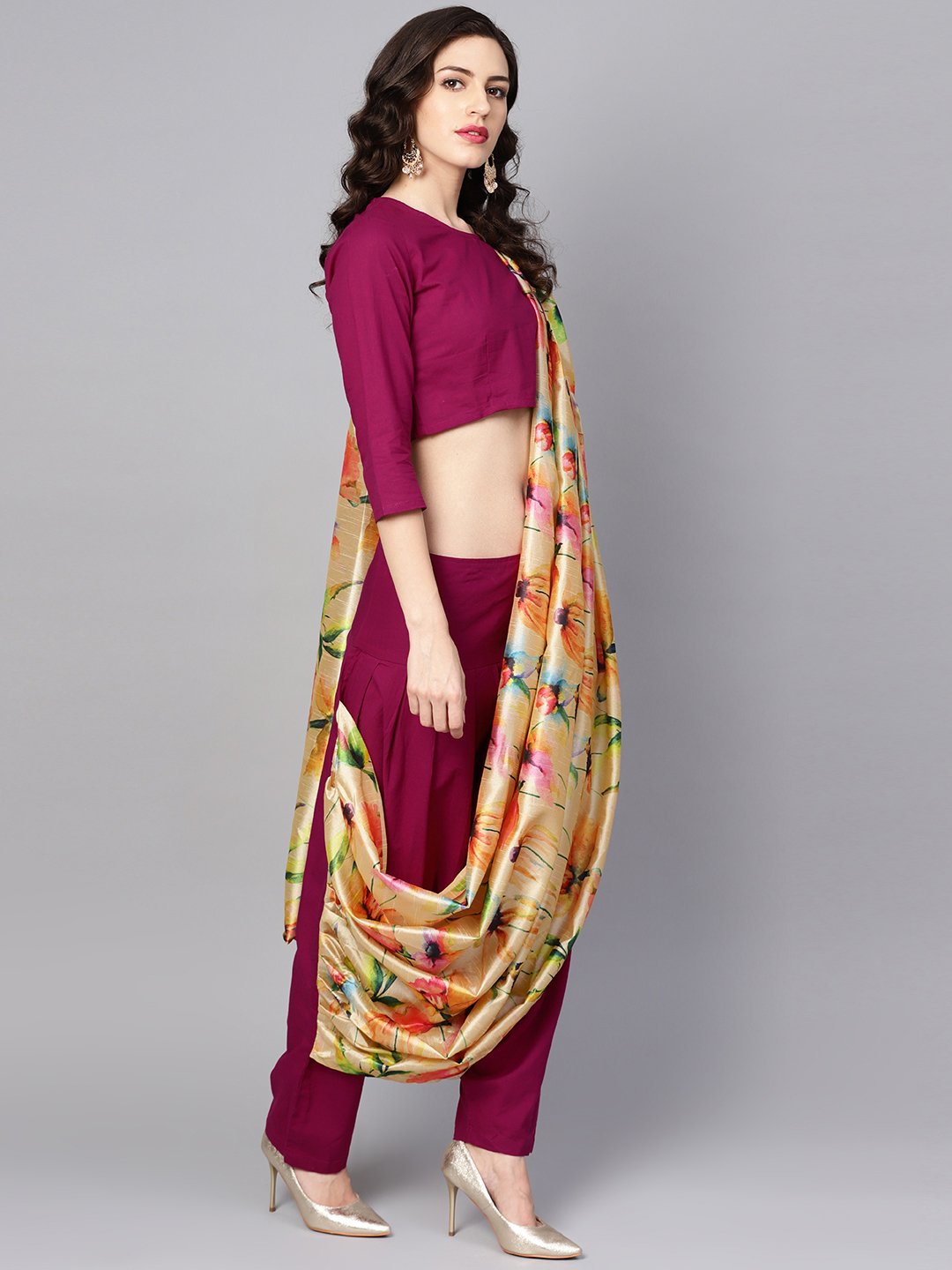 Pink Printed Palazzo Saree With 3/4Th Sleeve Round Neck Blouse | LASVINI - Redefining Indian Fashion with Elegance