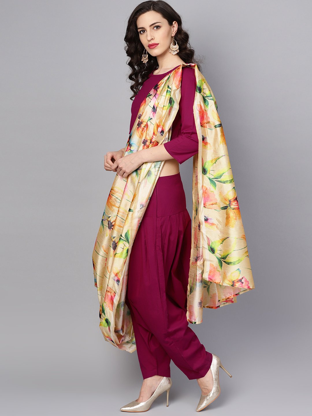 Pink Printed Palazzo Saree With 3/4Th Sleeve Round Neck Blouse | LASVINI - Redefining Indian Fashion with Elegance