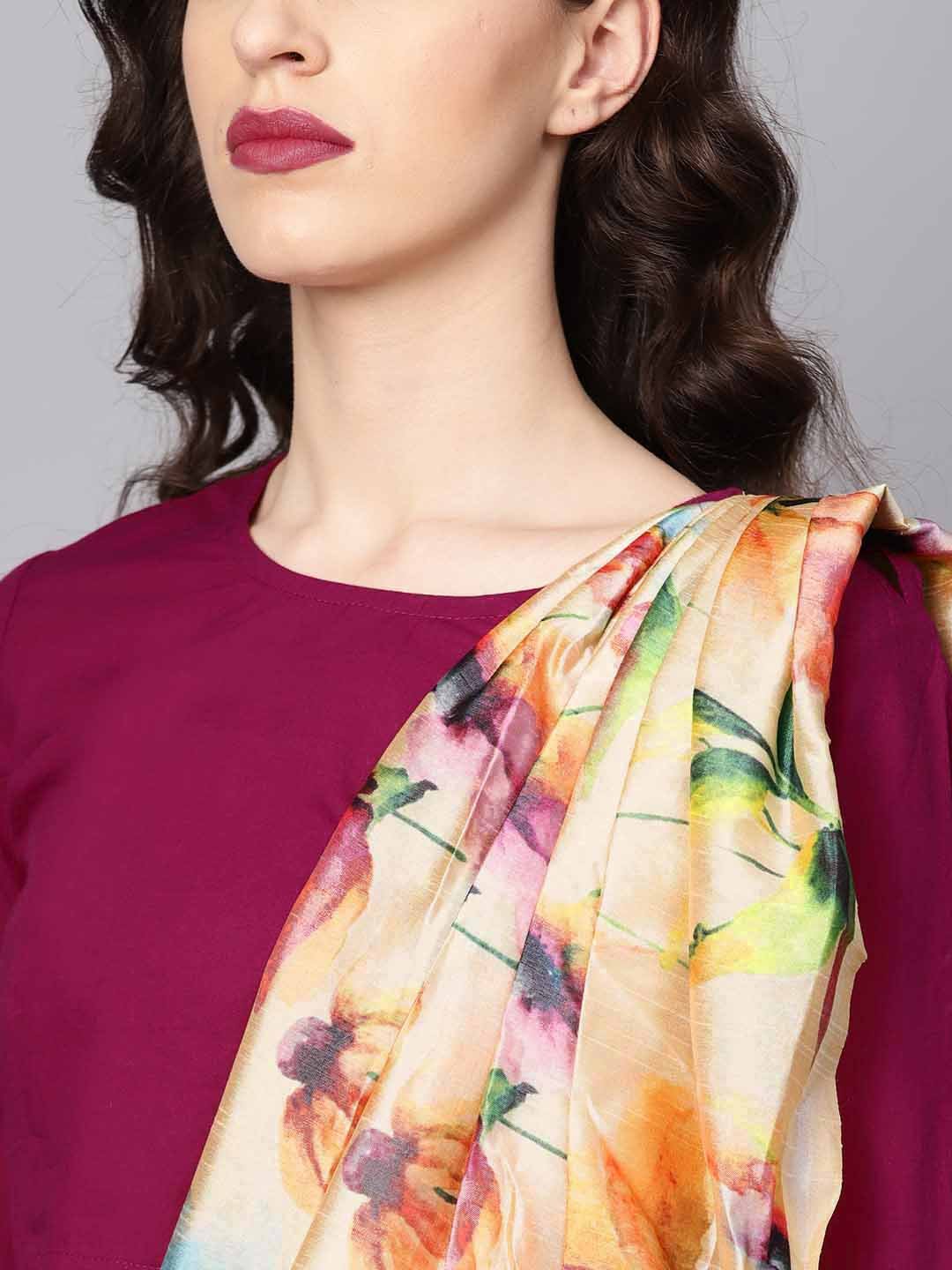 Pink Printed Palazzo Saree With 3/4Th Sleeve Round Neck Blouse | LASVINI - Redefining Indian Fashion with Elegance