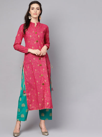 Megenta Gold Printed Kurta With Solid Green Palazzo | LASVINI - Redefining Indian Fashion with Elegance