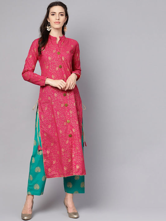 Megenta Gold Printed Kurta With Solid Green Palazzo | LASVINI - Redefining Indian Fashion with Elegance