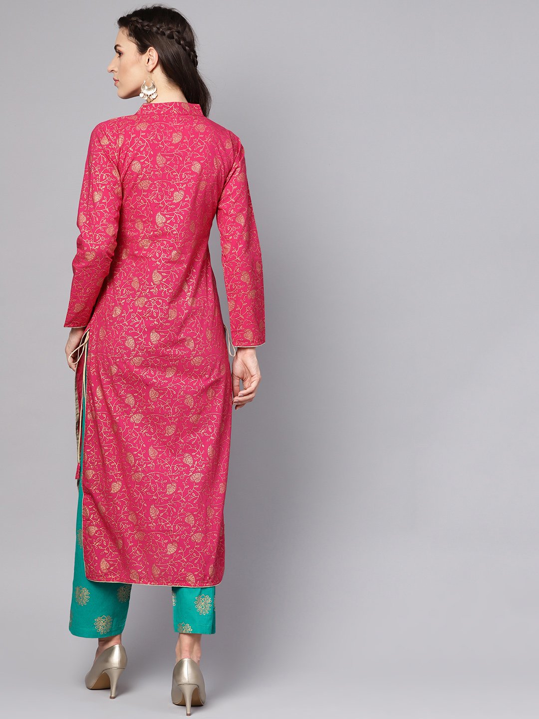 Megenta Gold Printed Kurta With Solid Green Palazzo | LASVINI - Redefining Indian Fashion with Elegance