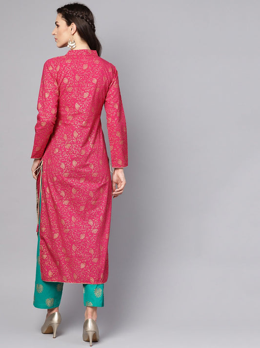 Megenta Gold Printed Kurta With Solid Green Palazzo | LASVINI - Redefining Indian Fashion with Elegance