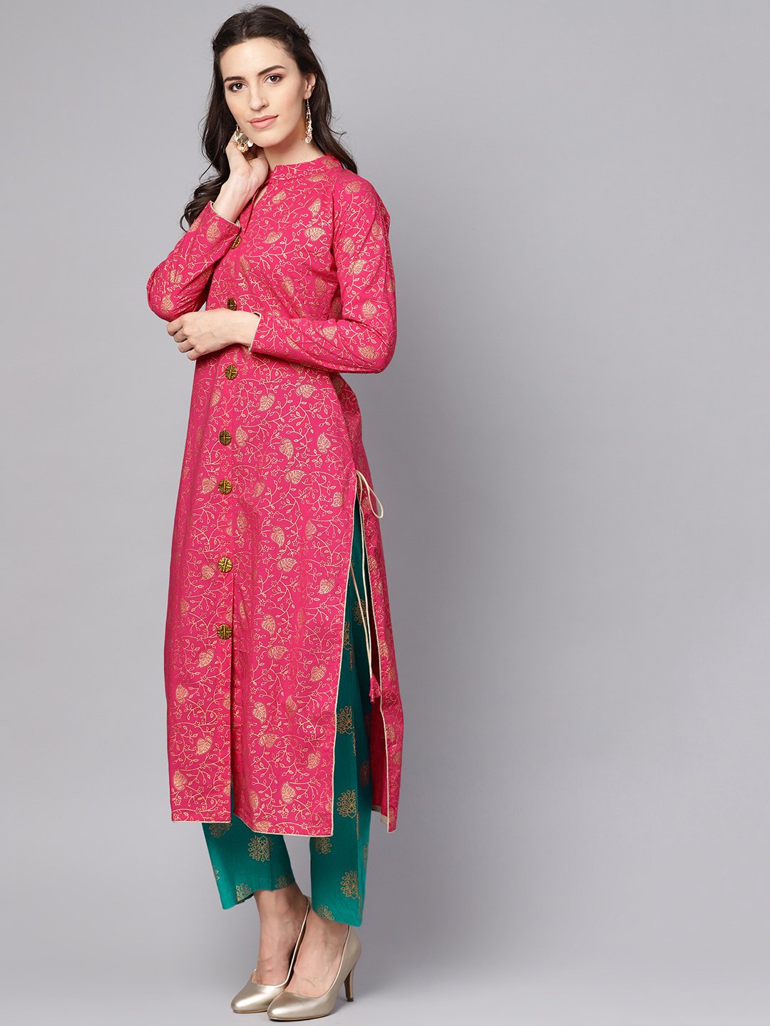 Megenta Gold Printed Kurta With Solid Green Palazzo | LASVINI - Redefining Indian Fashion with Elegance