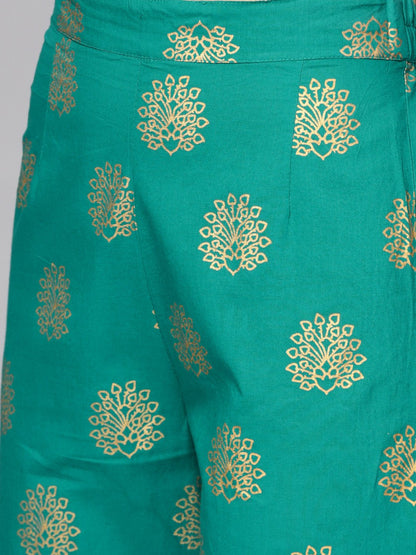 Megenta Gold Printed Kurta With Solid Green Palazzo | LASVINI - Redefining Indian Fashion with Elegance