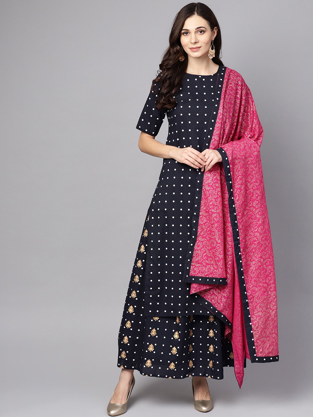 Navy Blue Three Piece Kurta Set With Palazzo & Megenta Dupatta | LASVINI - Redefining Indian Fashion with Elegance