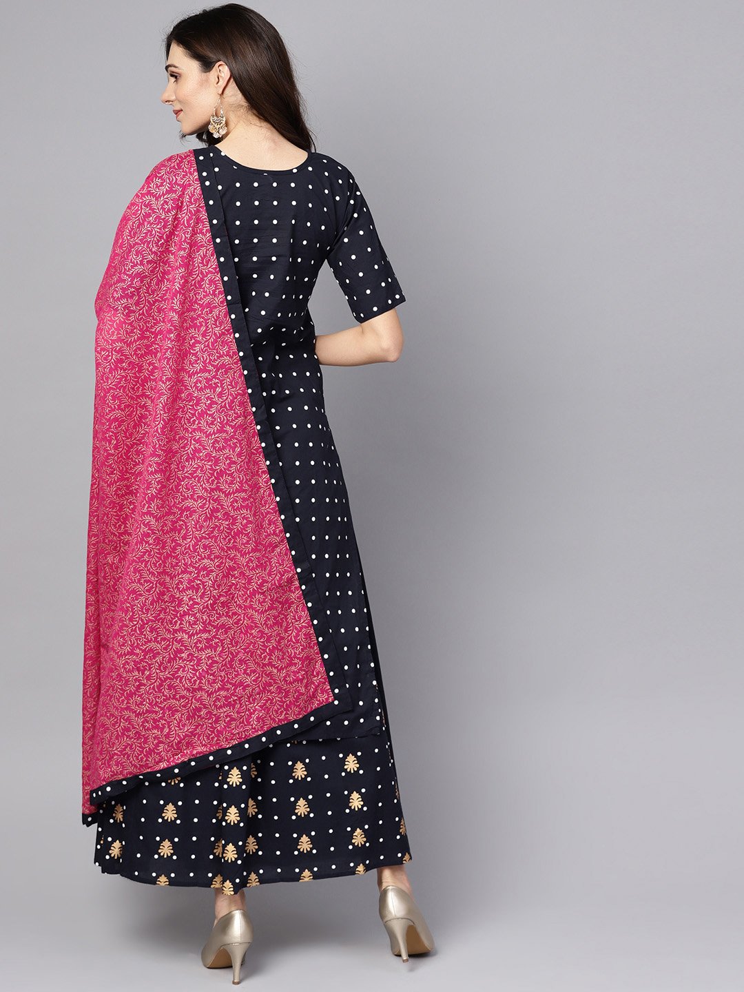 Navy Blue Three Piece Kurta Set With Palazzo & Megenta Dupatta | LASVINI - Redefining Indian Fashion with Elegance