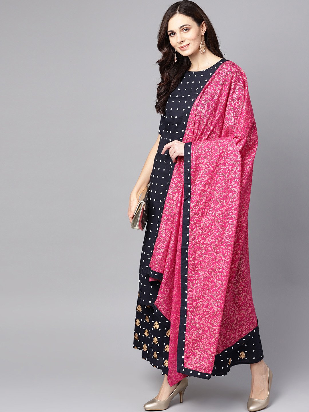 Navy Blue Three Piece Kurta Set With Palazzo & Megenta Dupatta | LASVINI - Redefining Indian Fashion with Elegance