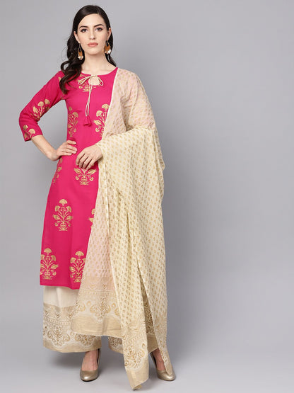 Cream Gold Printed Three Piece Kurta Set With Palazzo & Dupatta | LASVINI - Redefining Indian Fashion with Elegance