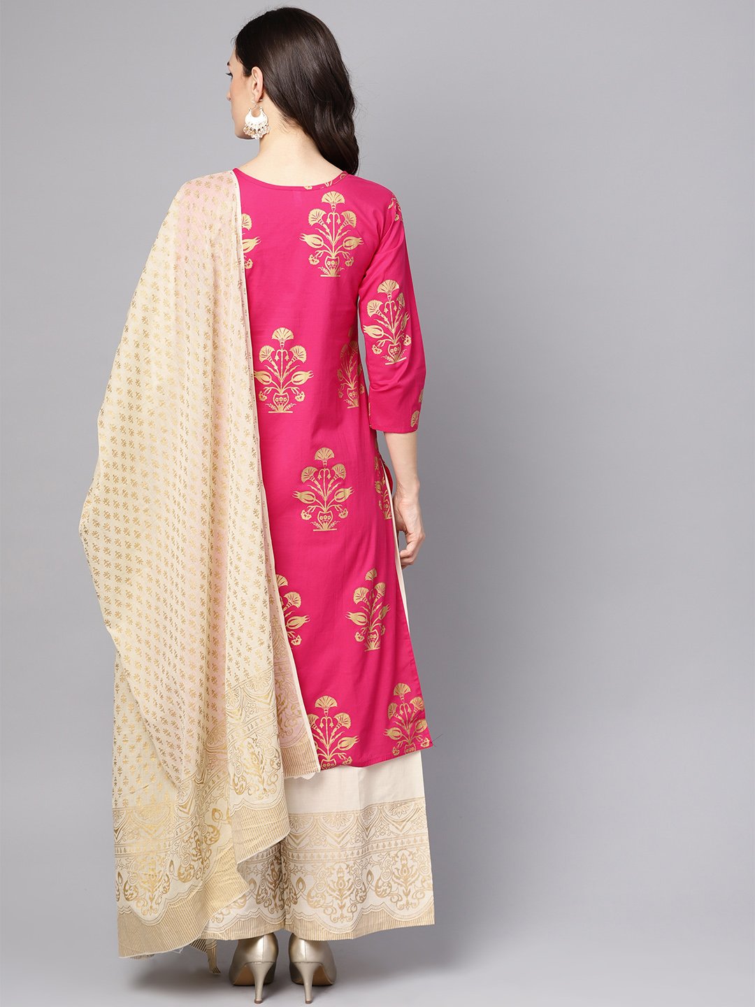 Cream Gold Printed Three Piece Kurta Set With Palazzo & Dupatta | LASVINI - Redefining Indian Fashion with Elegance