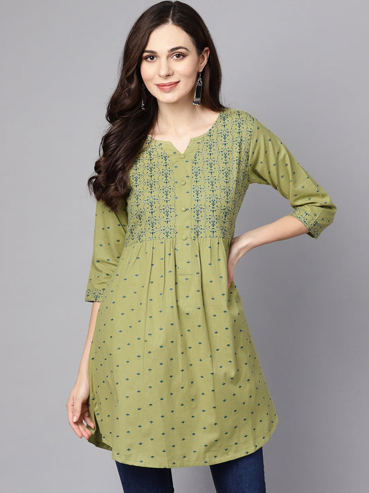 Green Printed 3/4Th Sleeve Cotton A-Line Kurta | LASVINI - Redefining Indian Fashion with Elegance