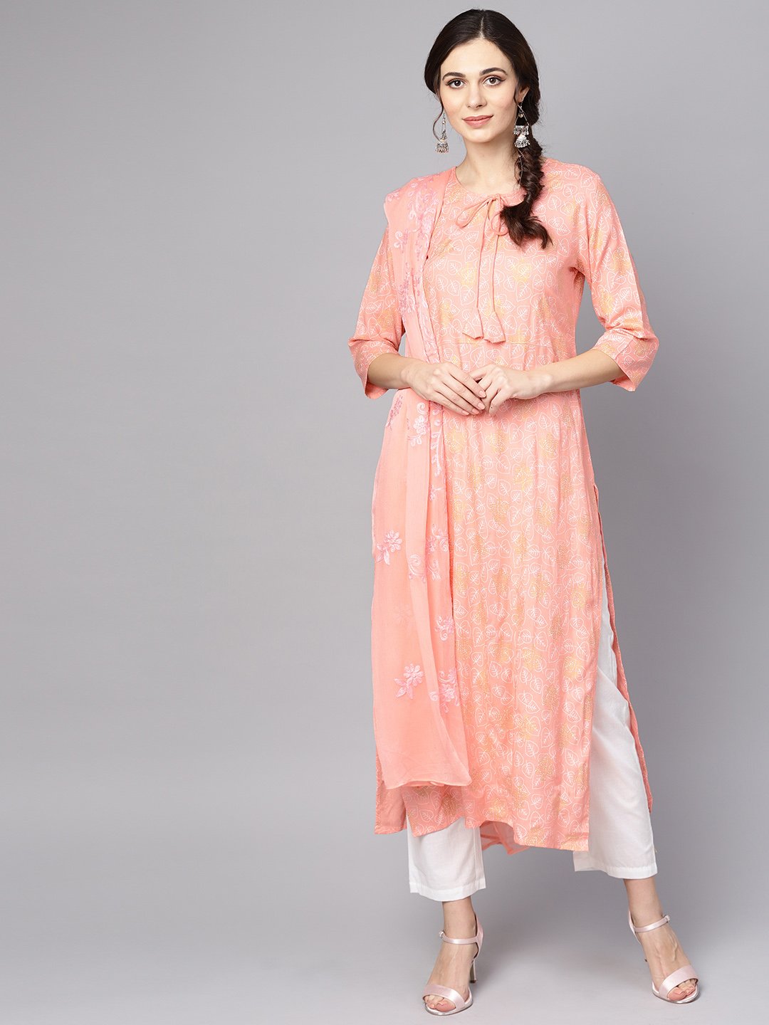 Peach Printed 3/4Th Sleeve Kurta With Dupatta And White Palazzo | LASVINI - Redefining Indian Fashion with Elegance