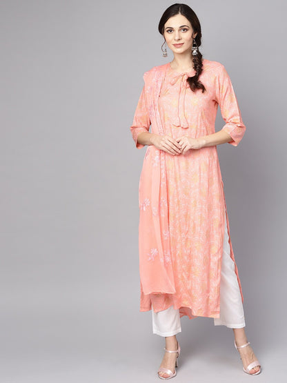 Peach Printed 3/4Th Sleeve Kurta With Dupatta And White Palazzo | LASVINI - Redefining Indian Fashion with Elegance