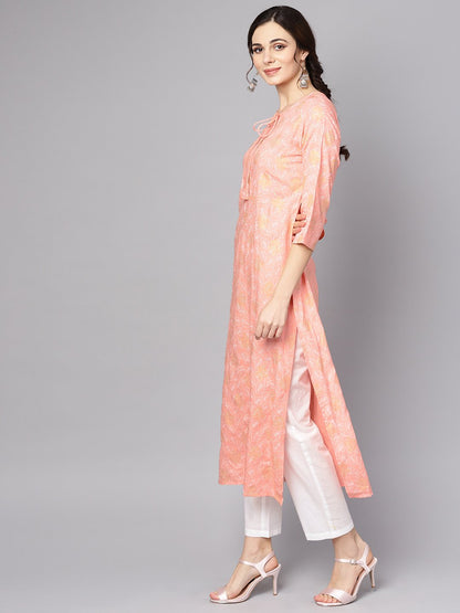 Peach Printed 3/4Th Sleeve Kurta With Dupatta And White Palazzo | LASVINI - Redefining Indian Fashion with Elegance