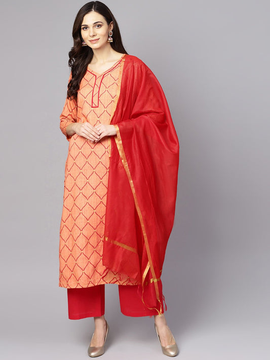 Red 3/4Th Sleeve Rayon Kurta With Maroon Palazzo And Dupatta | LASVINI - Redefining Indian Fashion with Elegance