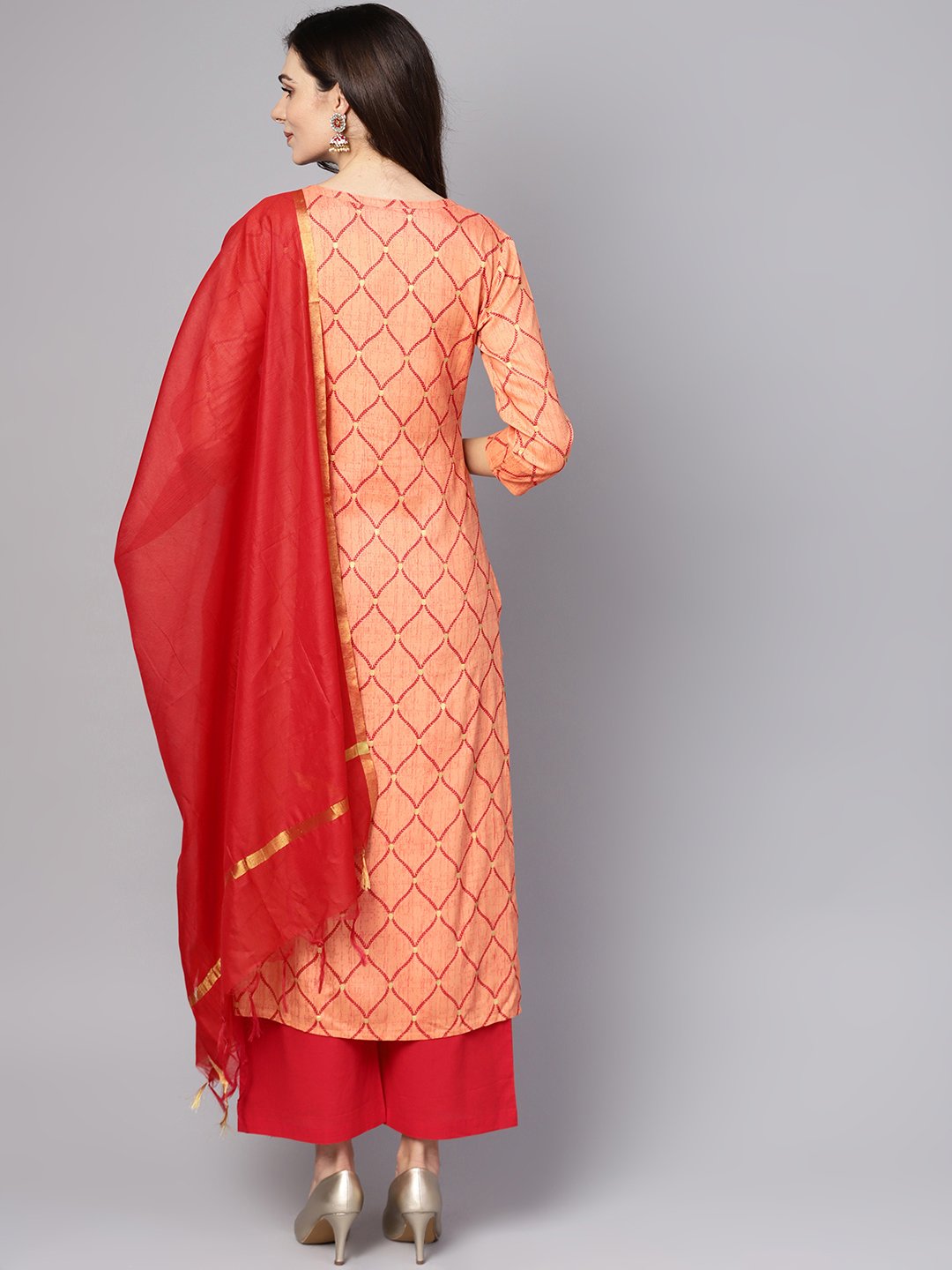 Red 3/4Th Sleeve Rayon Kurta With Maroon Palazzo And Dupatta | LASVINI - Redefining Indian Fashion with Elegance
