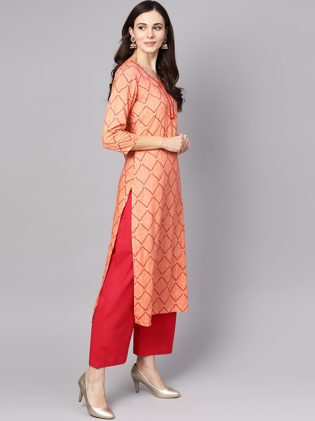 Red 3/4Th Sleeve Rayon Kurta With Maroon Palazzo And Dupatta | LASVINI - Redefining Indian Fashion with Elegance