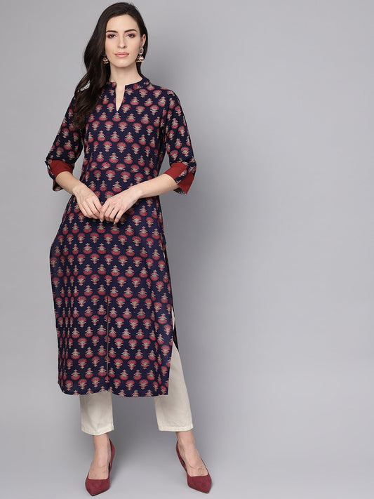 Blue Printed 3/4Th Sleeve Cotton Straight Kurta | LASVINI - Redefining Indian Fashion with Elegance