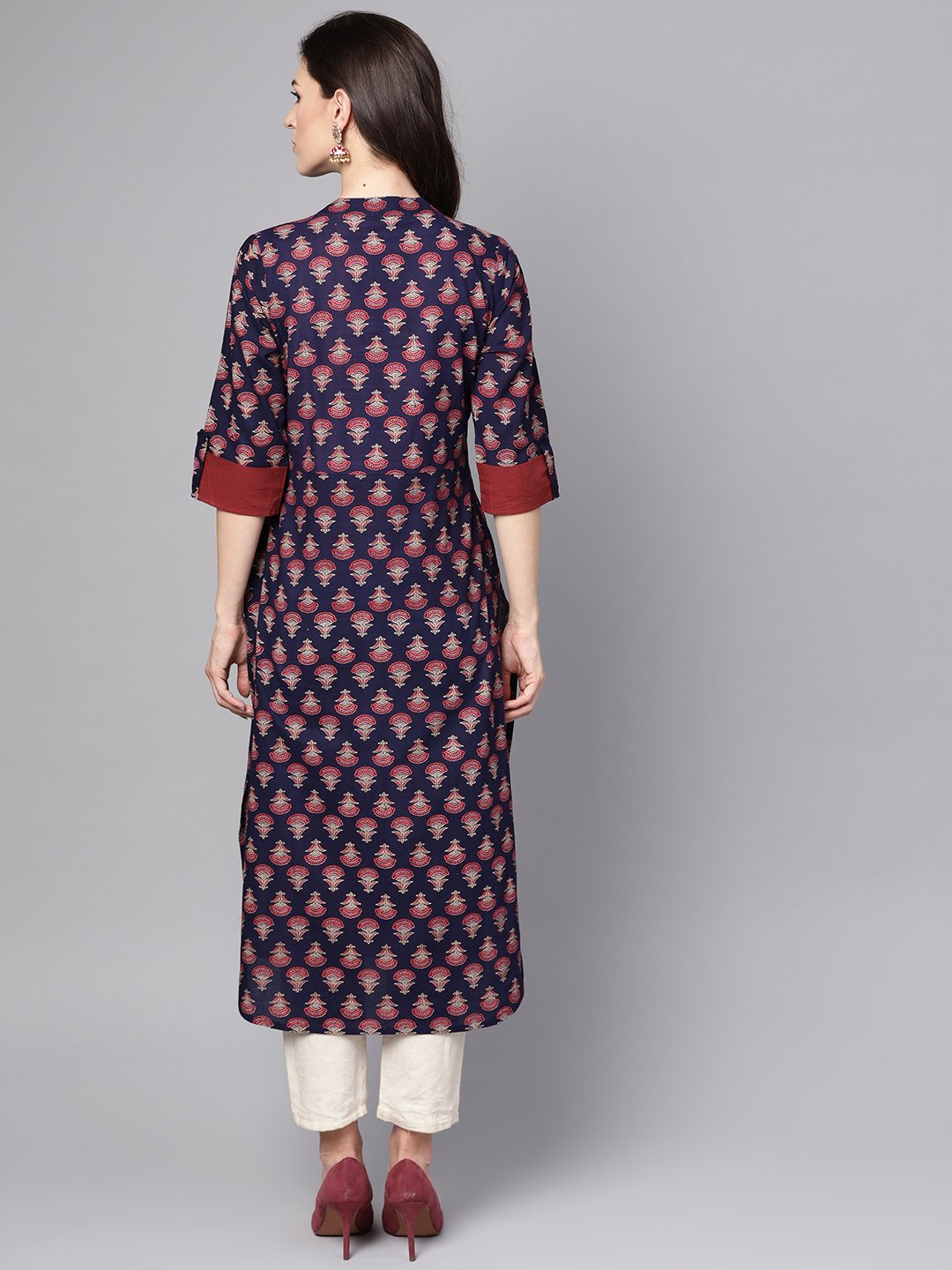 Blue Printed 3/4Th Sleeve Cotton Straight Kurta | LASVINI - Redefining Indian Fashion with Elegance
